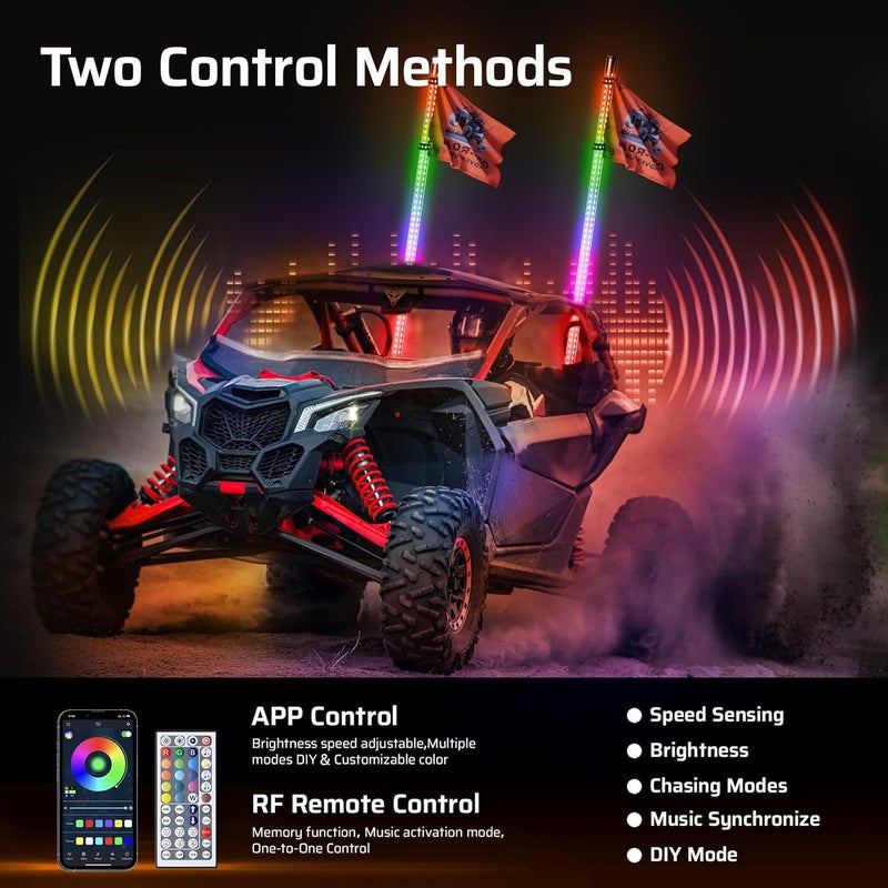 Ehaho 2 Pack 4FT LED Whip Light with Speed Sensing, Whip Lights with Spring Base, Tri-Sided RGB Illuminated Whip Light with Rocker Switch, App & Remote Control for UTV ATV Polaris RZR SXS Can-Am Truck - Image 5